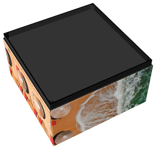 "Beach Bliss I" Reverse Printed Art Glass Cocktail Table with Black Plinth Base