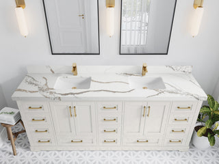 Boston 84" Double Sink Bath Vanity in Alabaster 2" Calacatta Gold