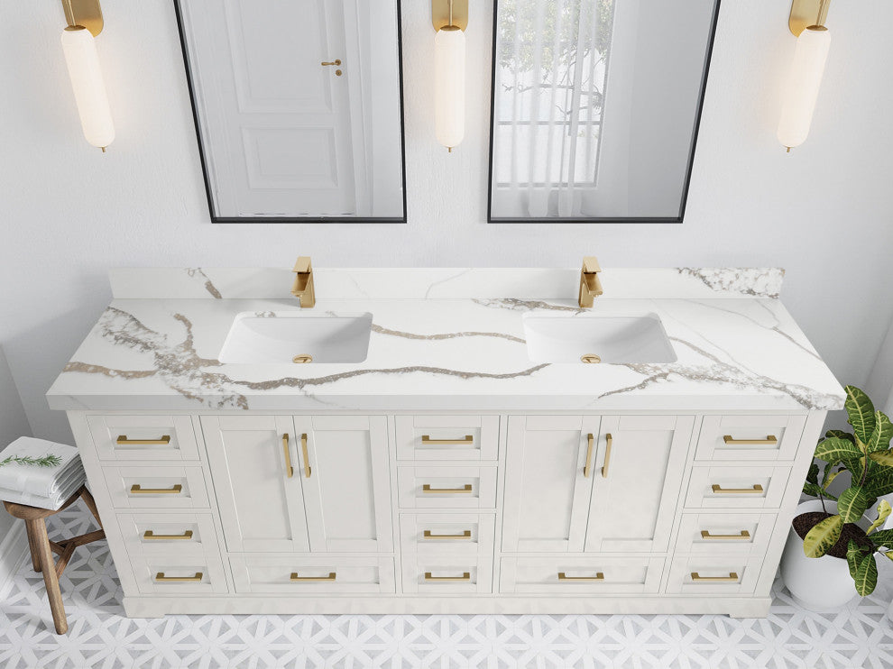 Boston 84" Double Sink Bath Vanity in Alabaster 2" Calacatta Gold