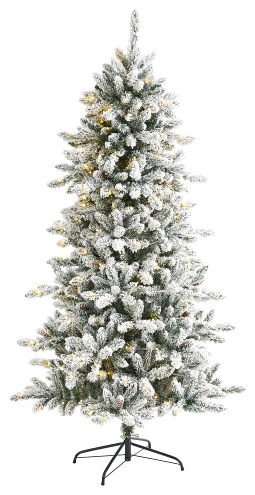 6' Flocked Livingston Fir Faux Xmas Tree With Pine Cones & 300 Clear Warm Lights