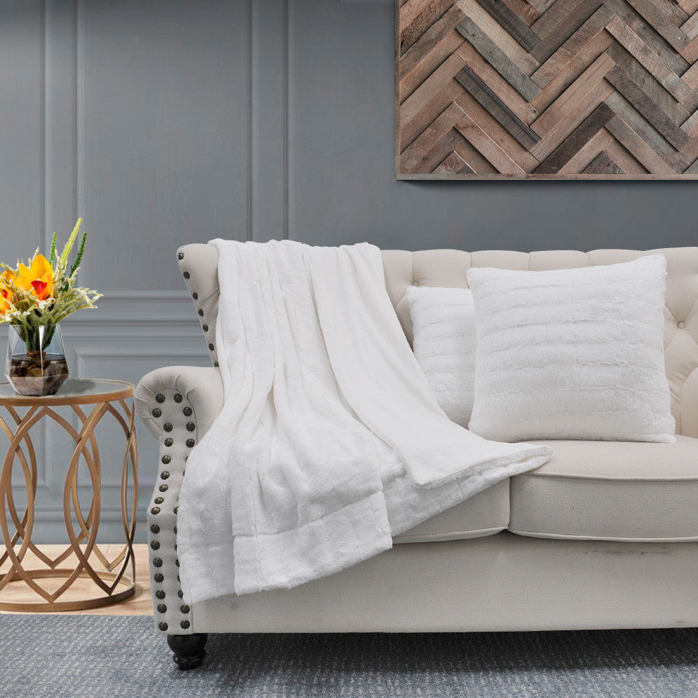 Rabbit Faux Fur Throw Blanket With 2 Pillows, Bright White