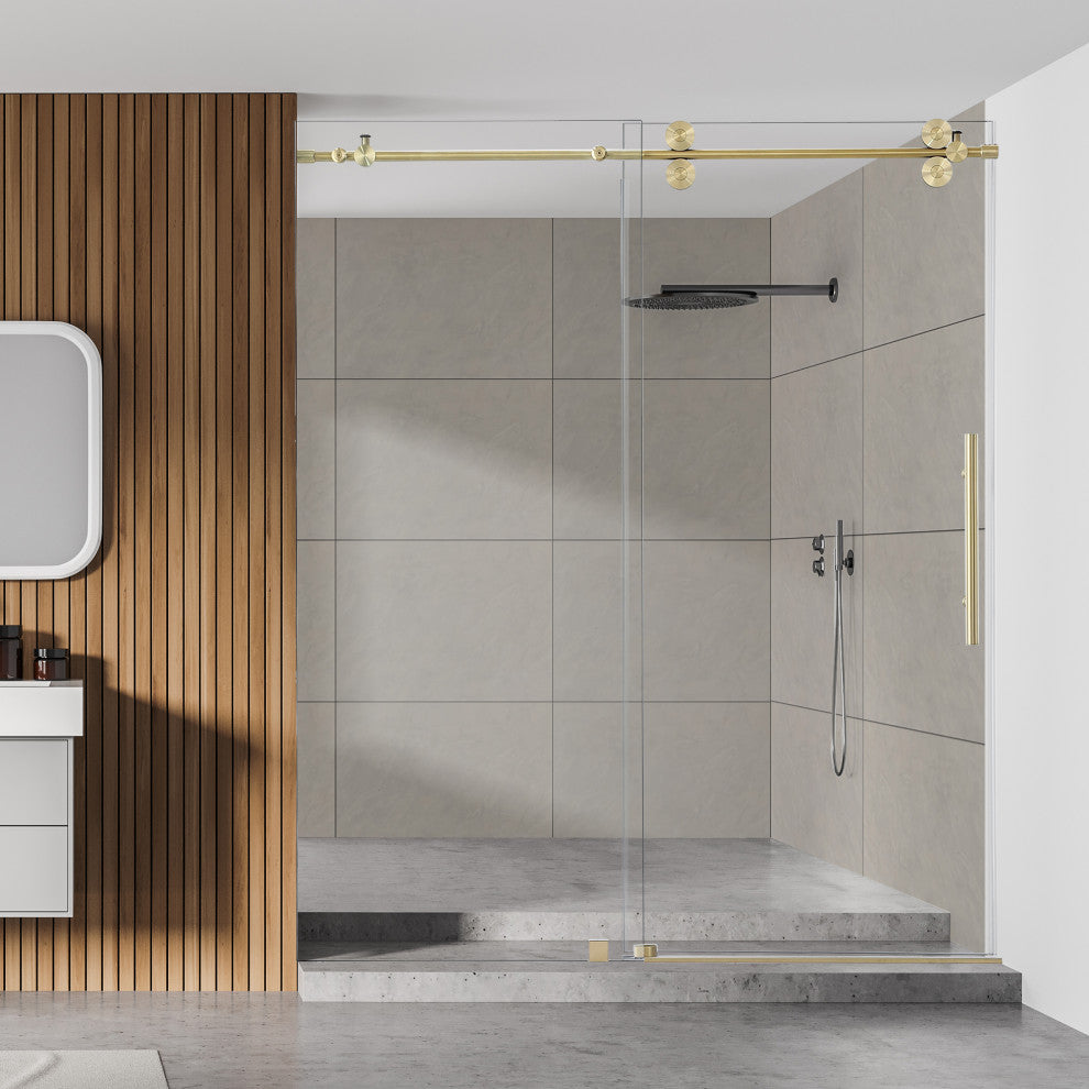 Lazaro Single Sliding Frameless Shower Door, Clear, Brushed Gold, 68"wx78"h