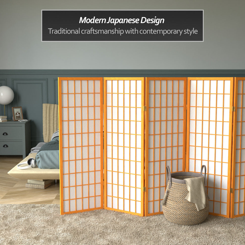 4' Tall Window Pane Shoji Screen, Honey, 5 Panels