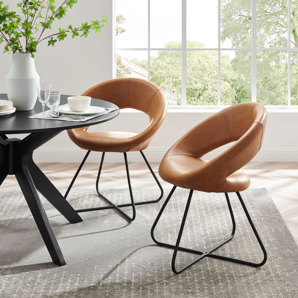 Dining Chair, Set of 2, Tan Black, Vegan Leather, Modern, Bistro Hospitality