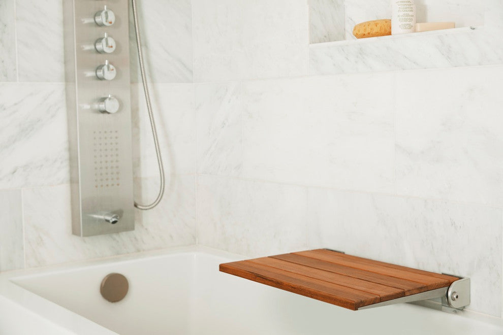 SlimLine Natural Teak Wood Folding Shower Bench Seat, Matte Black Frame