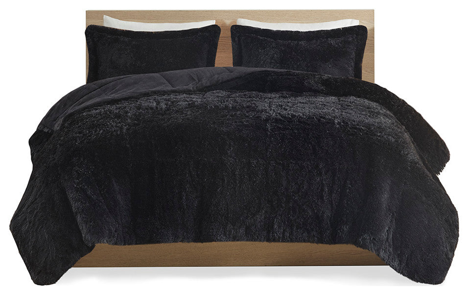 Intelligent Design Malea Shaggy Long Fur Comforter Mini Set, Black