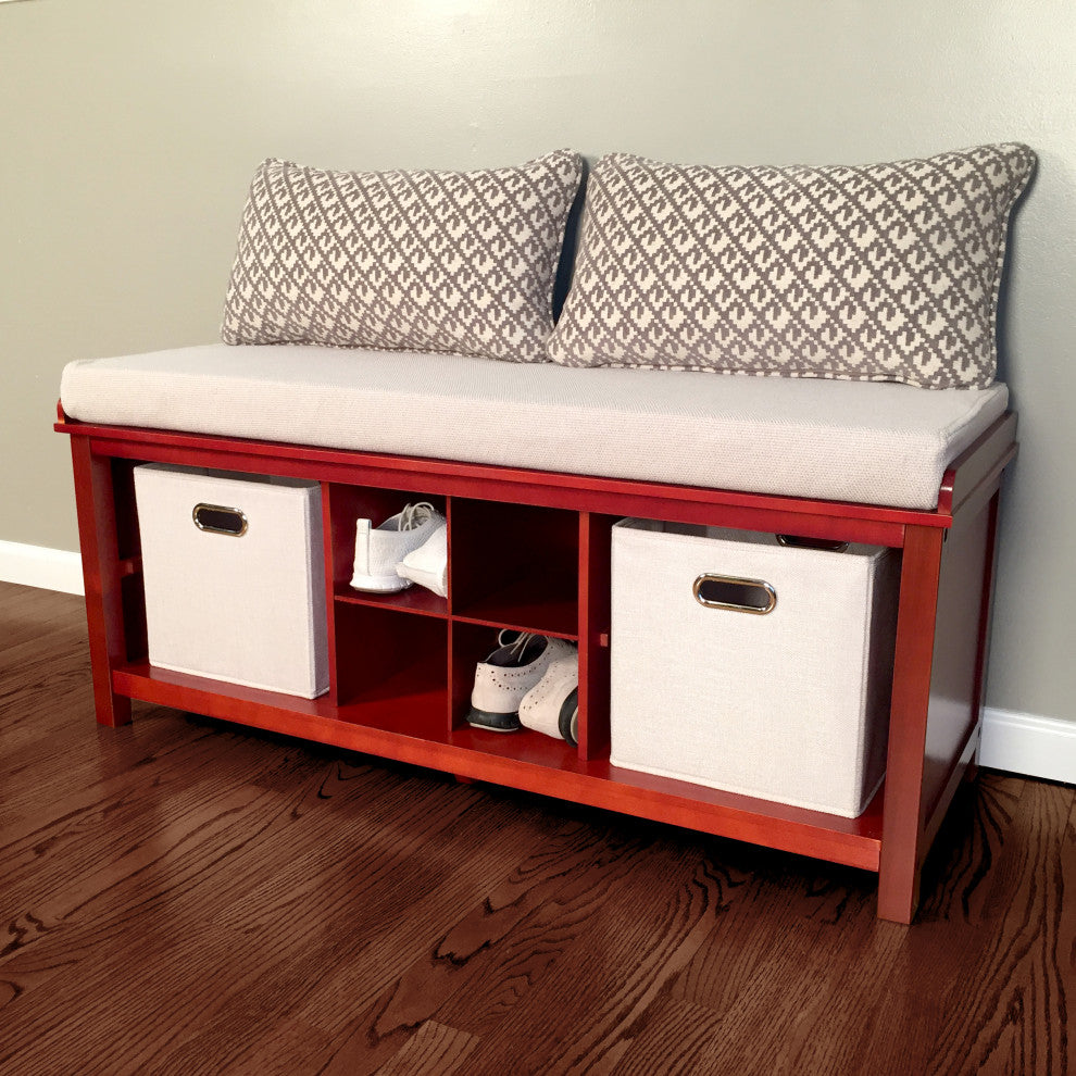 Red Entry Hall Bench Solid Wood Entry Bench with 2 Bins and 1 Shoe Divider, Red Mahogany