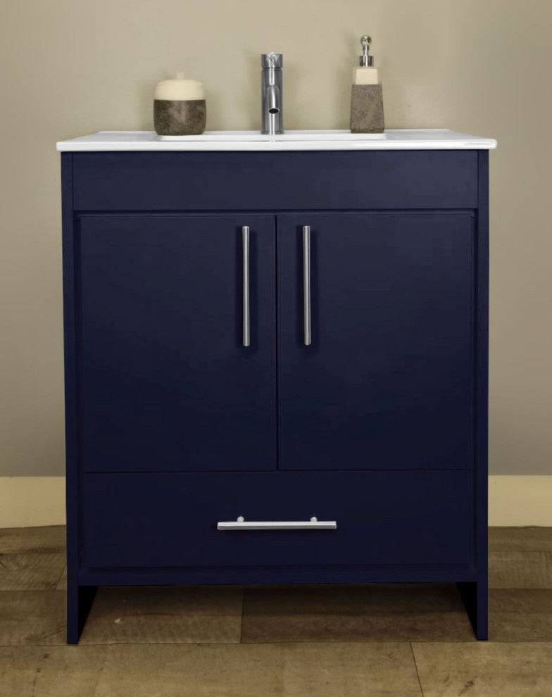 Pacific 30" Vanity With Integrated Ceramic Top and Brushed Nickel Handles, Navy