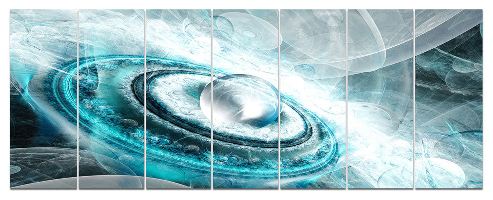 Blue Fractal Flying Saucer, Floral Canvas Art Print, 83"x32", 7 Panels