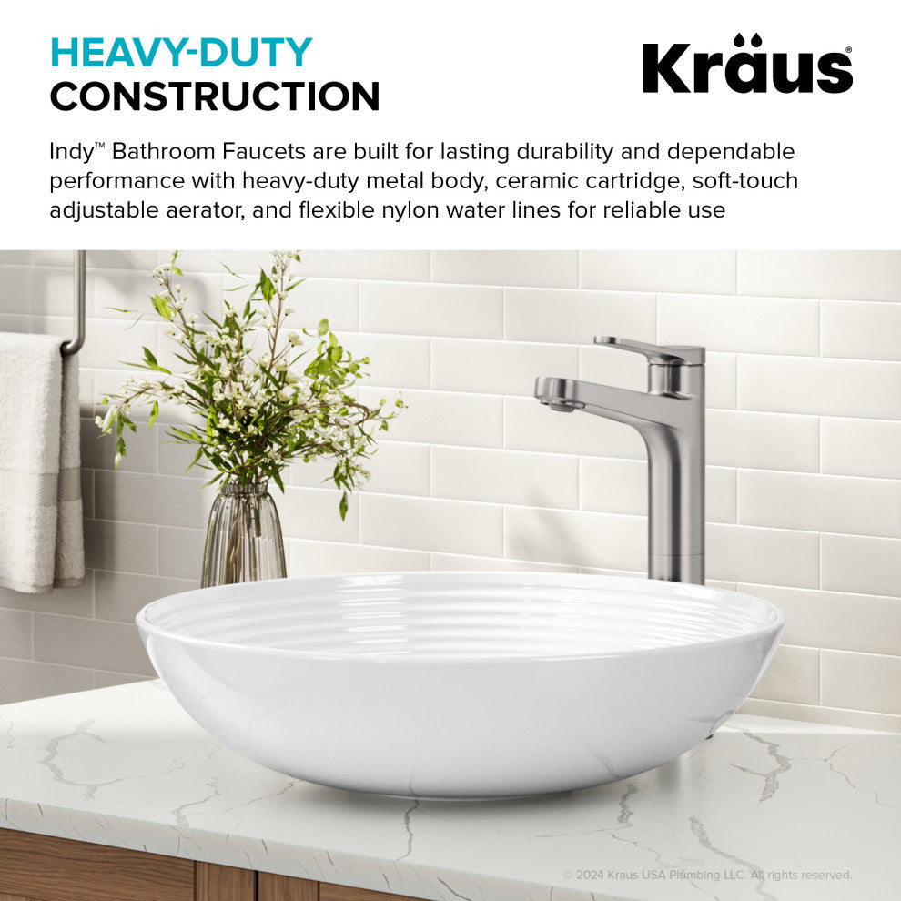 KRAUS Indy Single Handle Vessel Bathroom Faucet Spot Free BN, Pop Up Drain