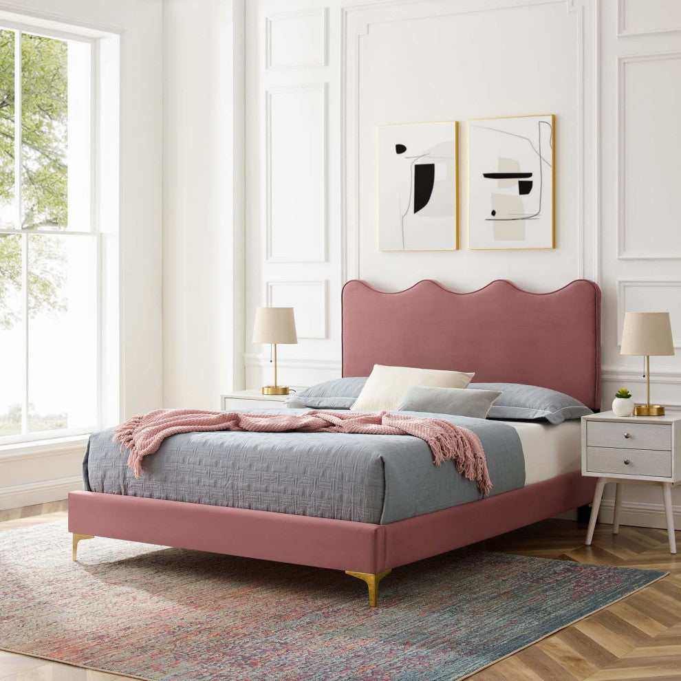 Current Performance Velvet Queen Platform Bed, Dusty Rose