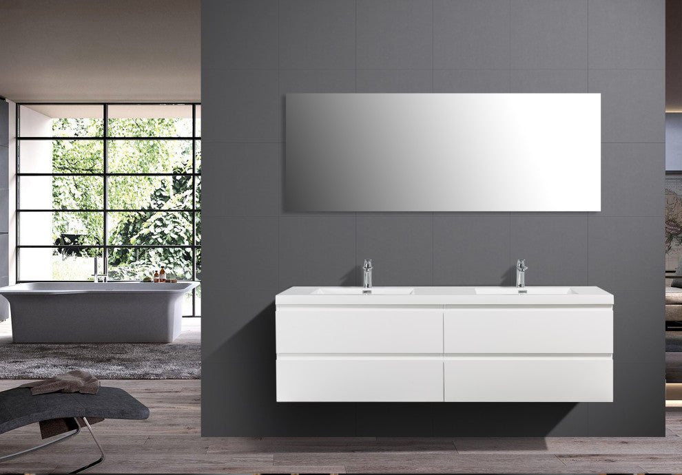 Alma-Pre 4 Drawers Wall Mount Vanity, Integrated White Sink, White, 84