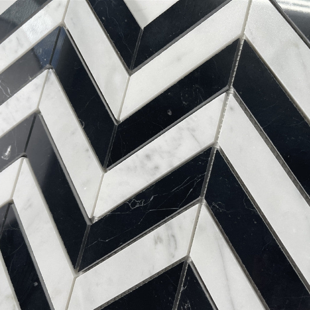 Carrara White & Nero Marquina Marble 1x4 Chevron Mosaic Tile Polished, 1 sheet
