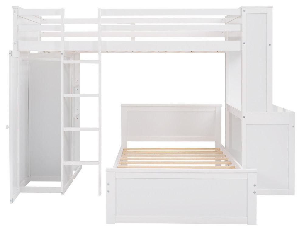 Gewnee Wood Twin size Loft Bed with Platform Bed and Wardrobe in White