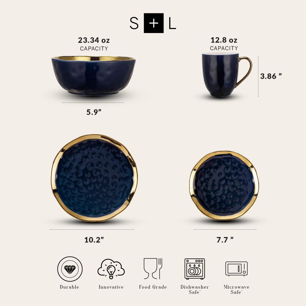 Stone Lain Florian Porcelain 16 Piece Dinnerware Set, Navy Blue
