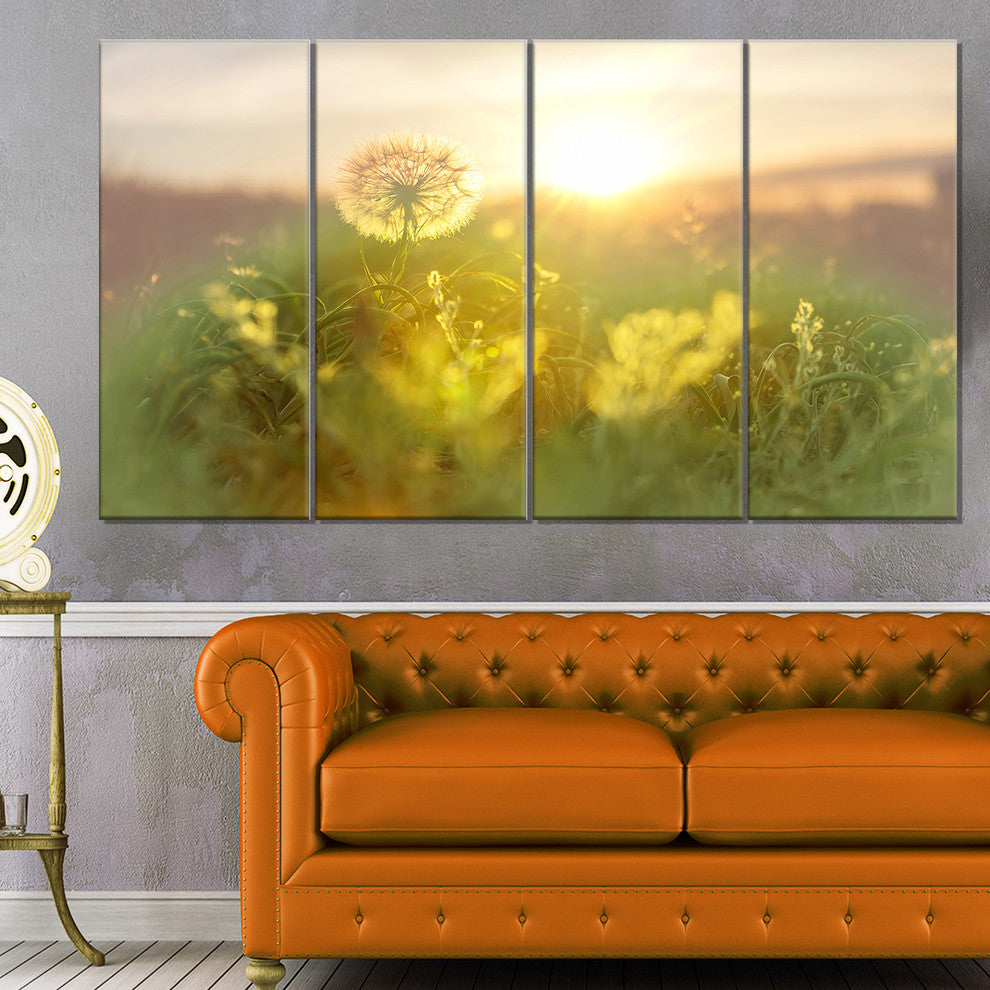 Dandelion Blooming Flower in Field, Floral Canvas Art Print, 48"x28", 4 Panels