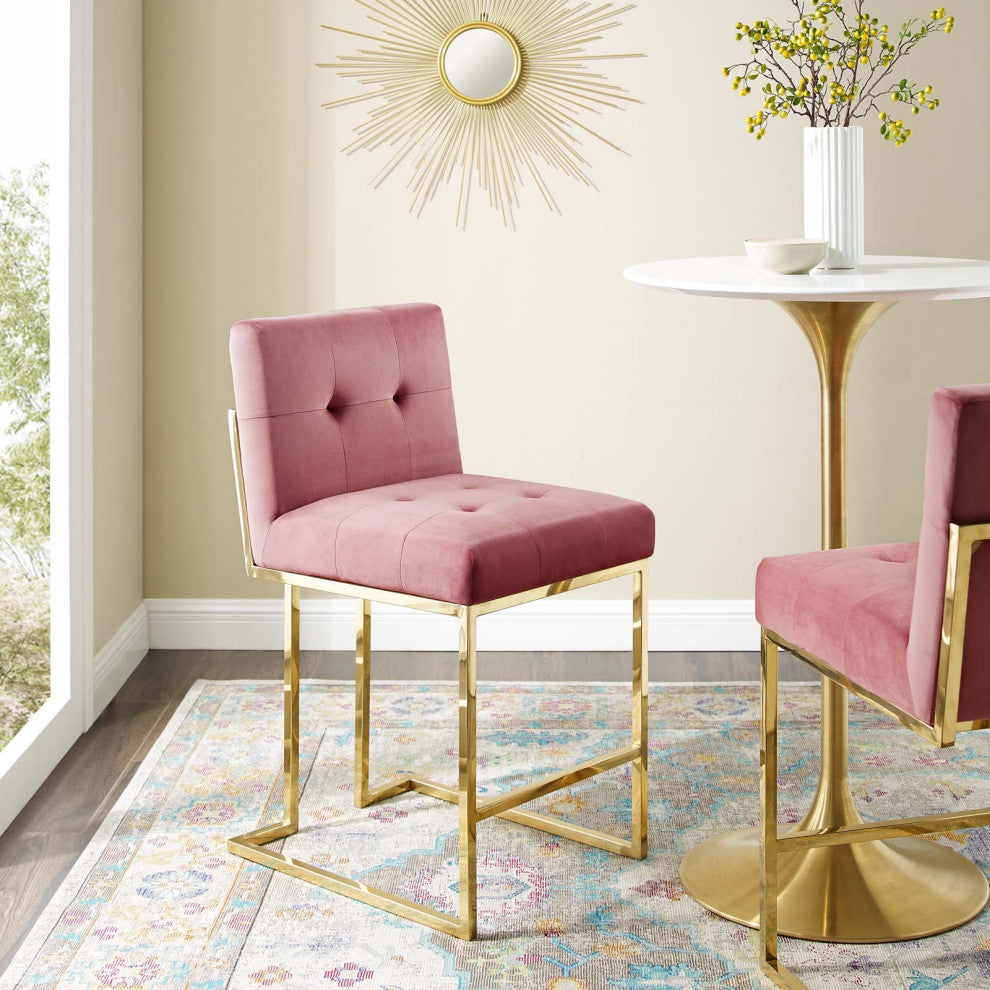 Counter Stool Chair, Velvet, Metal, Gold Pink, Modern, Bar Pub Bistro Restaurant