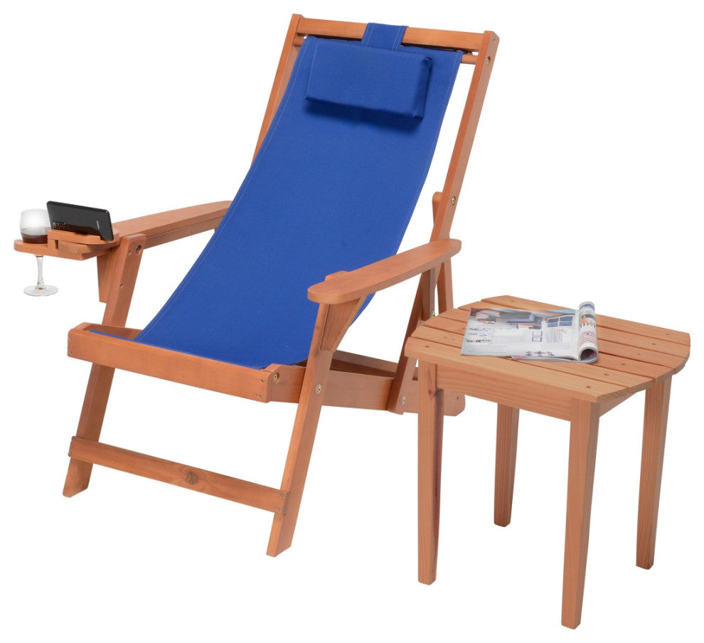 Romantic Collection Canvas Sling Chair with Cup and Wine Holder, Walnut Frame Bl