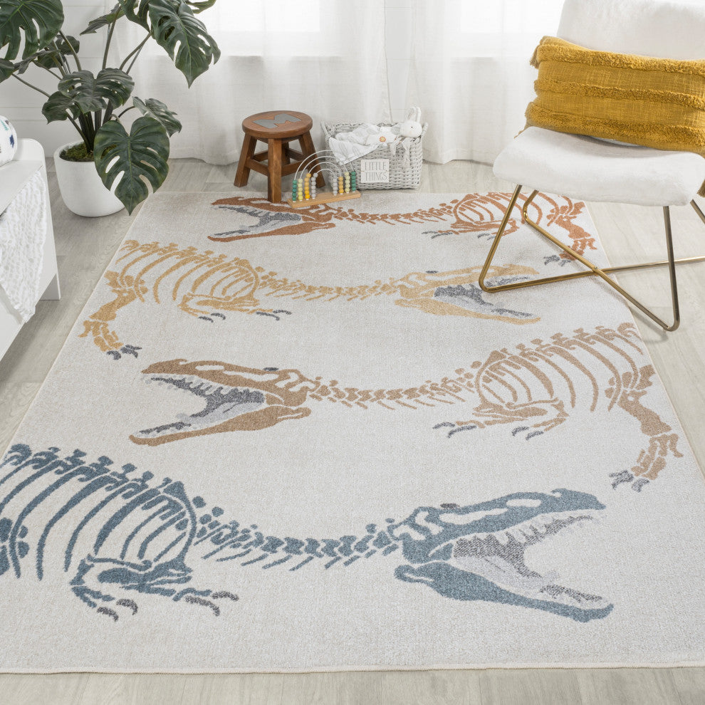 Kingdarr T-Rex Modern Kids Machine-Washable Cream/Multi 3 ft. x 5 ft. Runner Rug