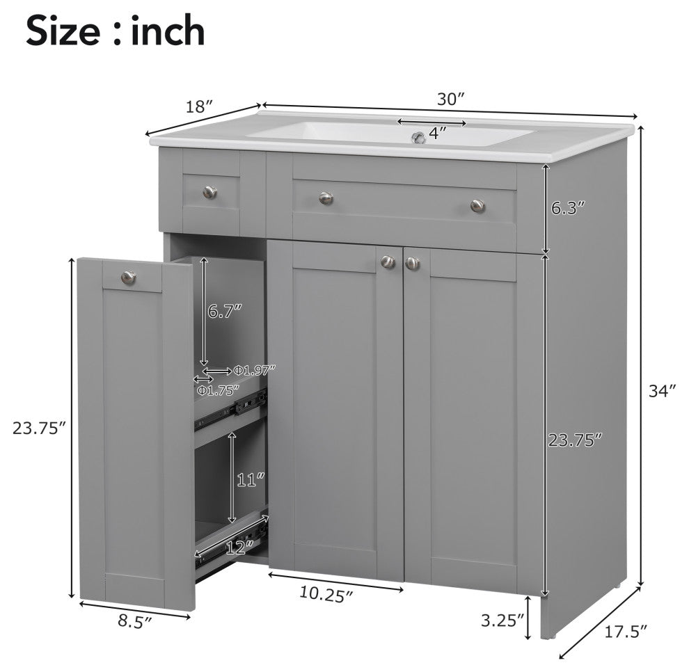 30 Inch MDF Freestanding Bathroom Vanity Set with Ceramic Sink, Grey