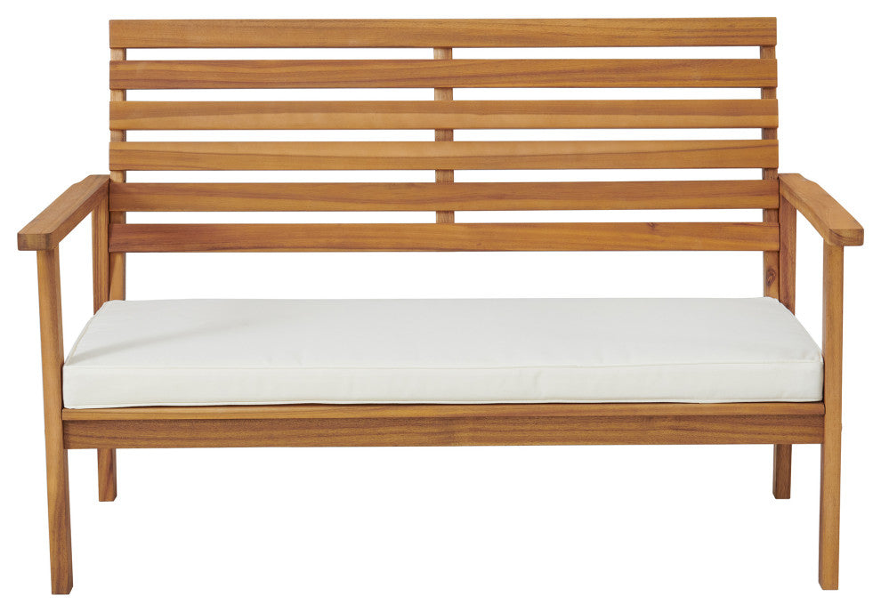 Orwell Outdoor Acacia Wood Bench With Cushion, Cocktail Table