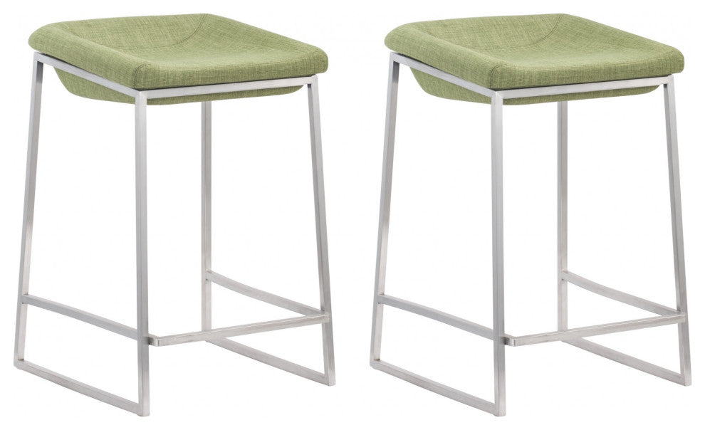 Set of Two Heathered Green and Stainless Indented Counter Stools