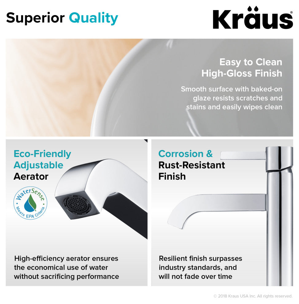 Elavo Round Ceramic Vessel Sink, Bathroom Ramus Faucet, PU Drain, Chrome