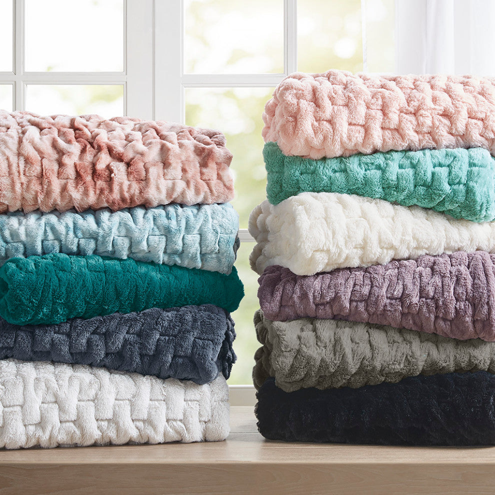 Madison Park Ruched Fur Throw, Aqua