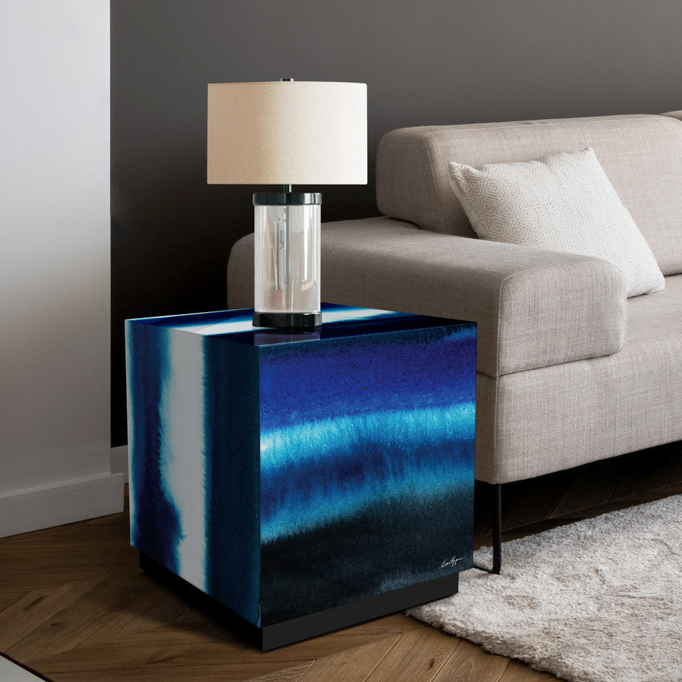 "Blue Run Off II" Reverse Printed Art Glass Side Table with Black Plinth Base