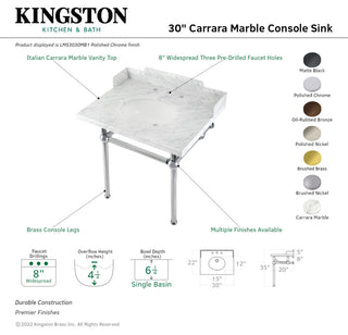 Kingston Brass LMS3030MB1 30" Carrara Marble Console Sink, Legs