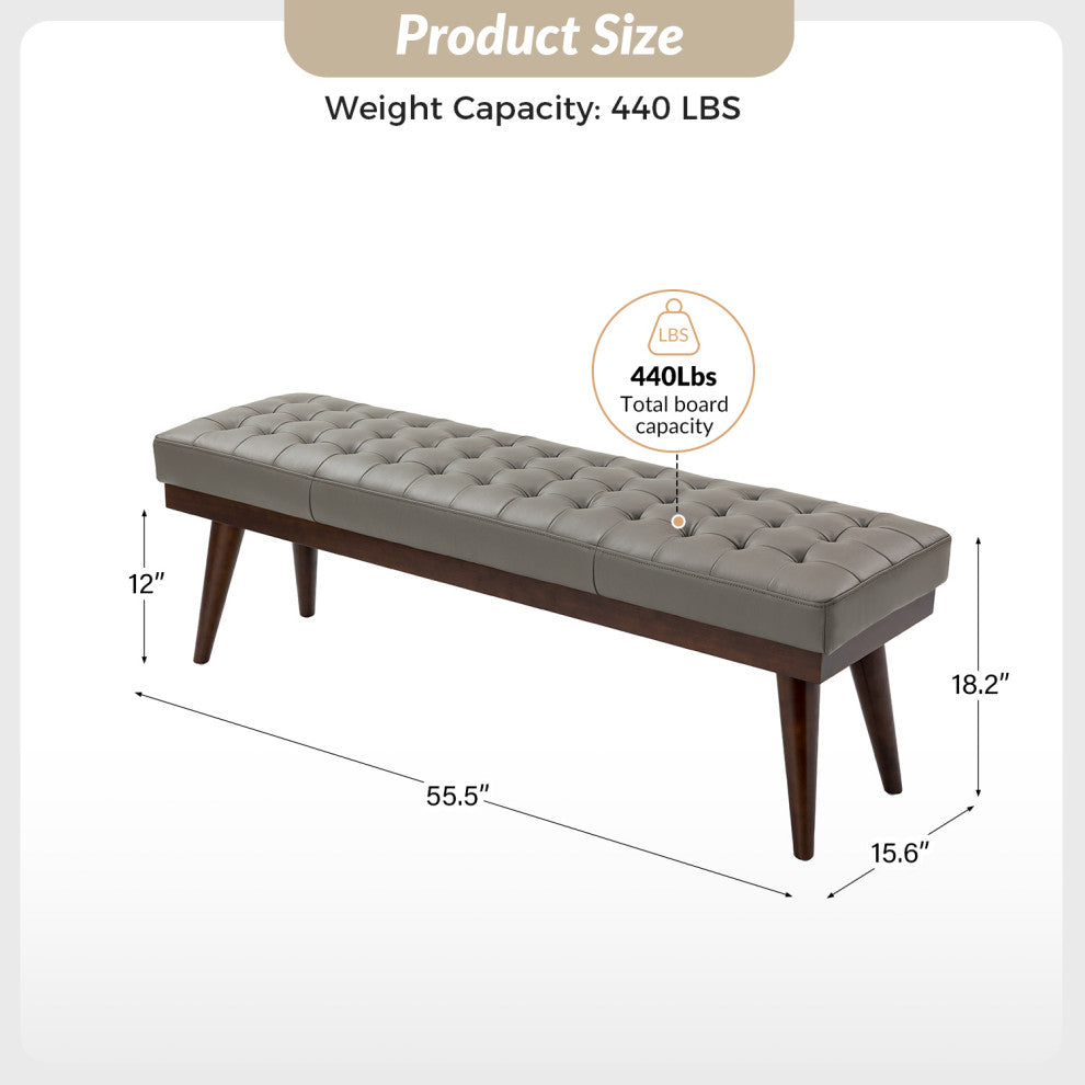 55.5"W Genuine Leather Bedroom Bench, Gray