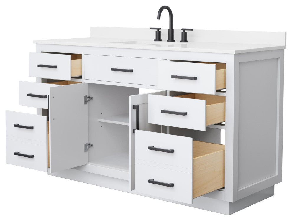 Beckett TK 60" White Single Vanity, White Quartz Top, 3-Hole, Black Trim