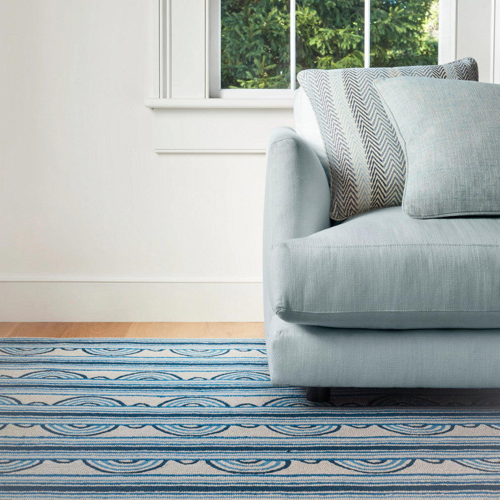 Kit Kemp x Dash & Albert Button Blue Hand Hooked Wool Rug, Blue, 2'6" x 8'