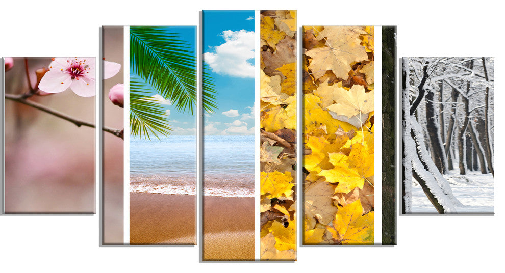 Four Seasons World Collage, Landscape Canvas Art Print, 60"x32", 5 Panels