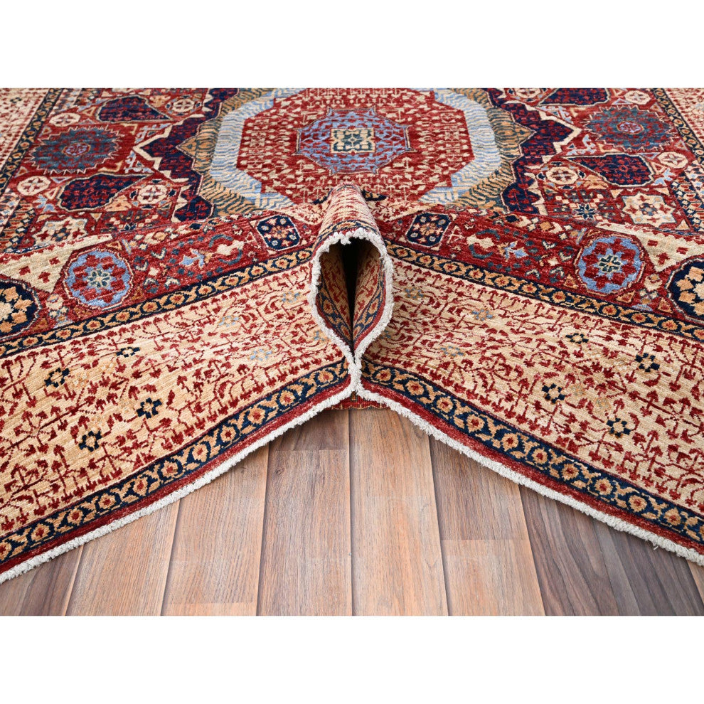 Vermilion Red Hand Knotted Mamluk Design 200 KPSI Natural Wool Rug 5'9"x9'7"
