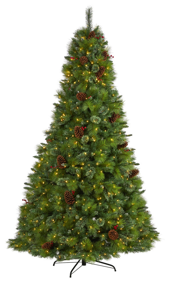 8' Montana Mixed Pine Faux Xmas Tree With Pine Cones, Berries & 700 Clear Lights