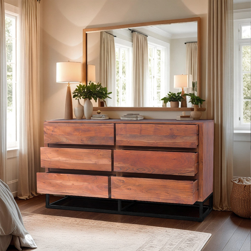 Modern Acacia Wood Dresser or Display Unit With Metal Base Walnut Brown/Black