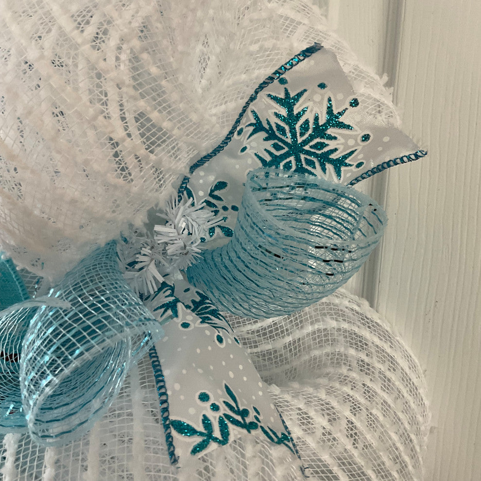 Snow Deco Mesh Wreath With Adorable Snowman Handmade Deco Mesh