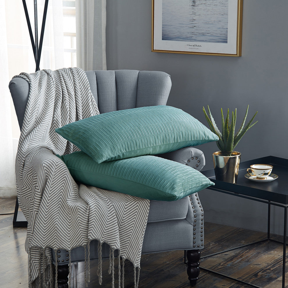 Pleated Velvet Pillow Covers, Set of 2, North Sea, 14"x26"