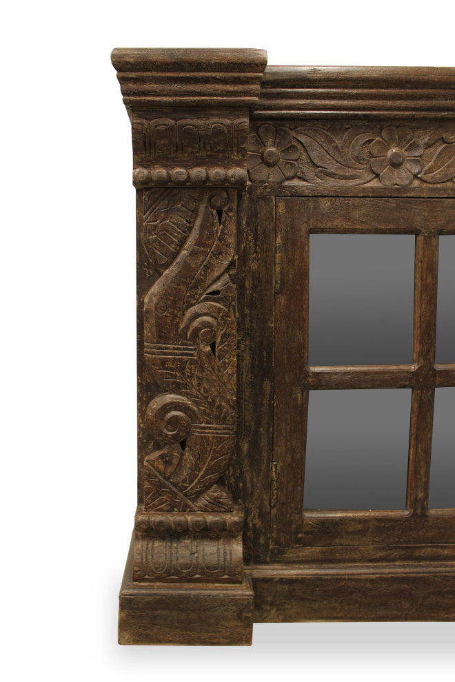 Euclidean 2-Door Hand-carved Solid Wood Sideboard with Glass Doors in Brown