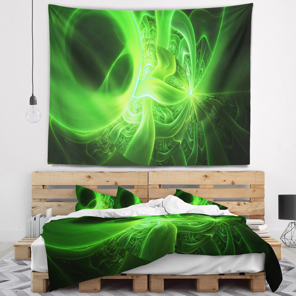 Bright Green Designs on Black Abstract Wall Tapestry, 80"x68"