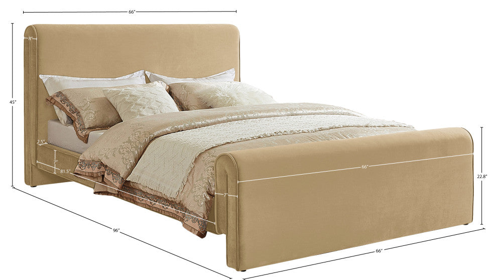 Sloan Black Velvet Full Bed, Camel, Queen