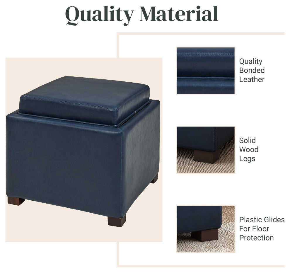 Cameron Square Storage Ottoman w/ tray, Vintage Blue, Bonded Leather
