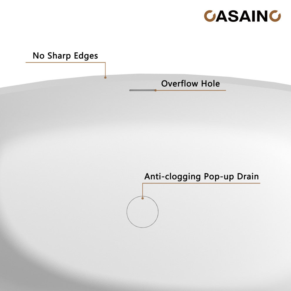 Freestanding Oval Solid Surface Stone Bathtub with Center Drain, Matte White, 59in