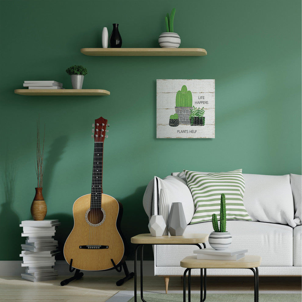 Life Happens Cacti Succulents Wood Textured Design, 24"x24", Canvas Art