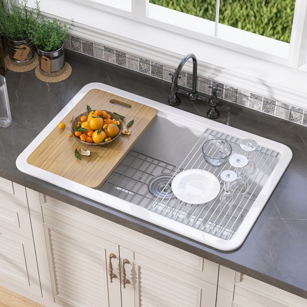 33"Lx22"W Drop-in/Undermount Farmhouse Fireclay Kitchen Sink With Accessories