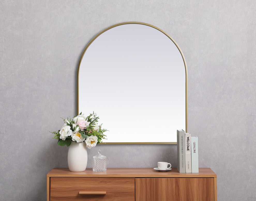 Metal Frame Arch Mirror 27X30 Inch, Brass