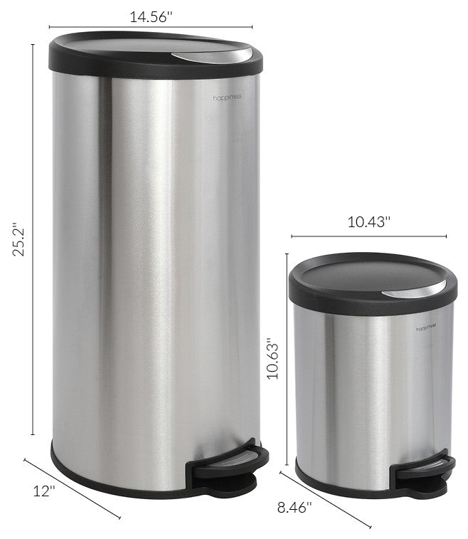 Happimess Oscar 30L and 5L Step-Open Trash Can, Stainless Steel and Black