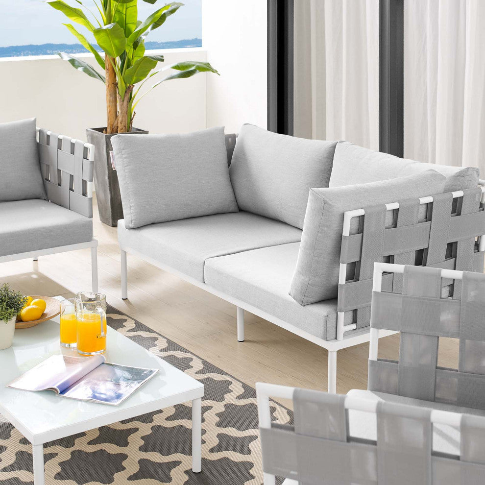 Lounge Sectional Sofa Chair Table Set, Sunbrella, Aluminum, Gray, Outdoor