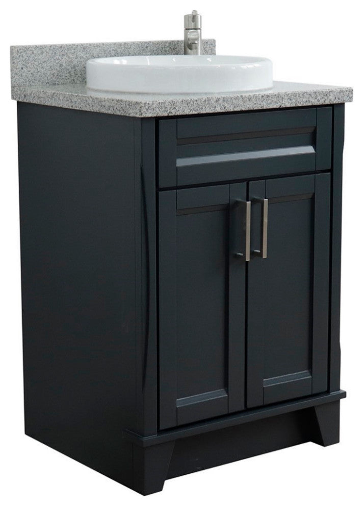25" Single Sink Vanity, Dark Gray Finish With Gray Granite And Round Sink